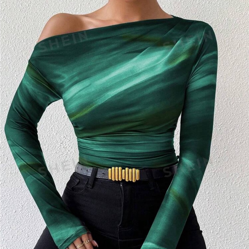 SHEIN Privé Marble Ombre Print Asymmetric Ruched Long Sleeve Top